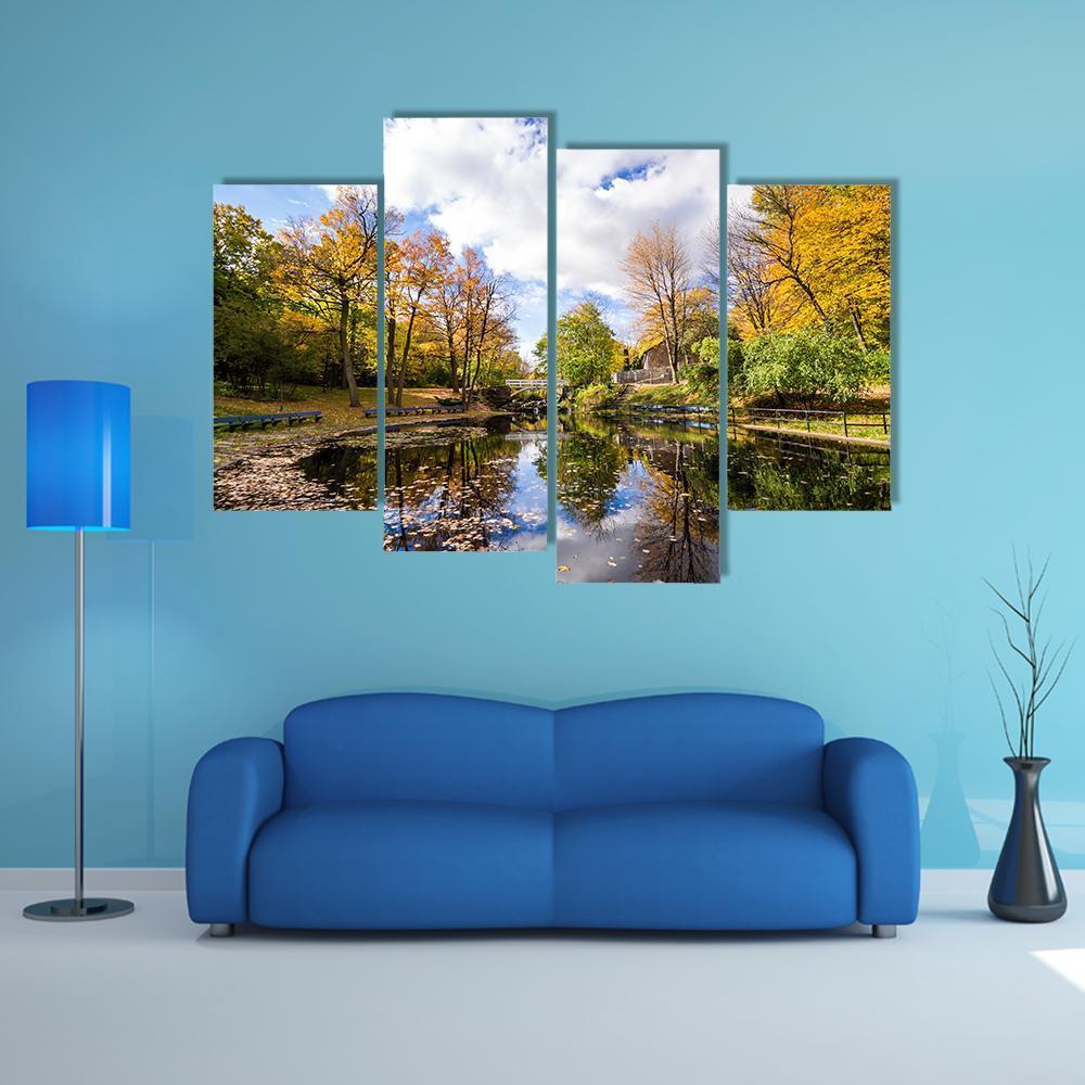 Reflection Of Trees In A Small Lake Canvas Wall Art-4 Pop-Gallery Wrap-50" x 32"-Tiaracle