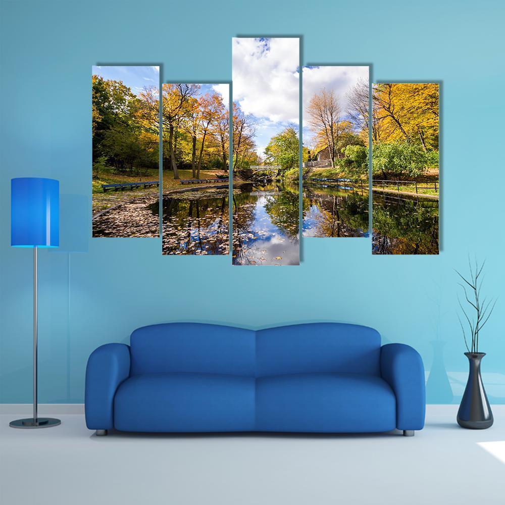 Reflection Of Trees In A Small Lake Canvas Wall Art-5 Pop-Gallery Wrap-47" x 32"-Tiaracle