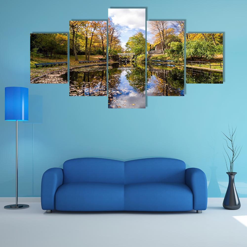 Reflection Of Trees In A Small Lake Canvas Wall Art-5 Star-Gallery Wrap-62" x 32"-Tiaracle