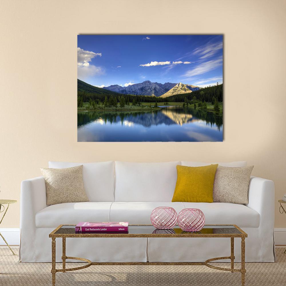 Reflections at Cascade Ponds Canvas Wall Art in green and blue, single panel hung on a wall
