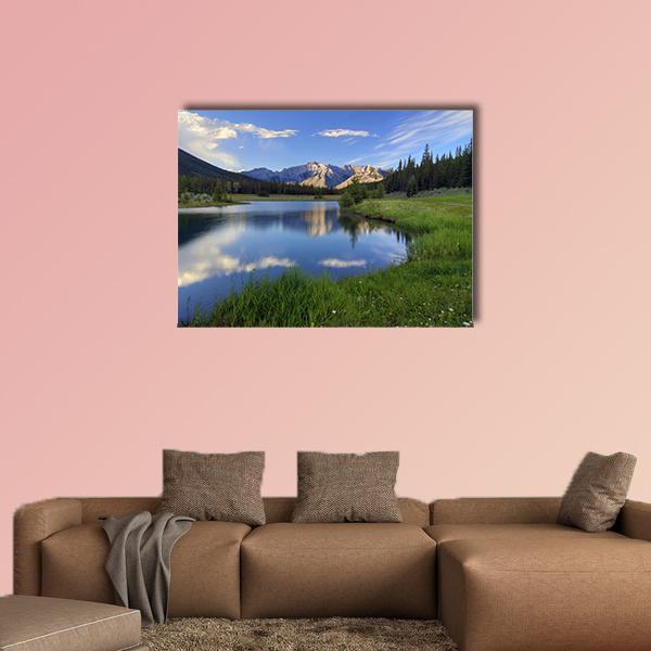 Reflections at Cascade Ponds Canvas Wall Art in white, green and blue, single panel hung on a wall