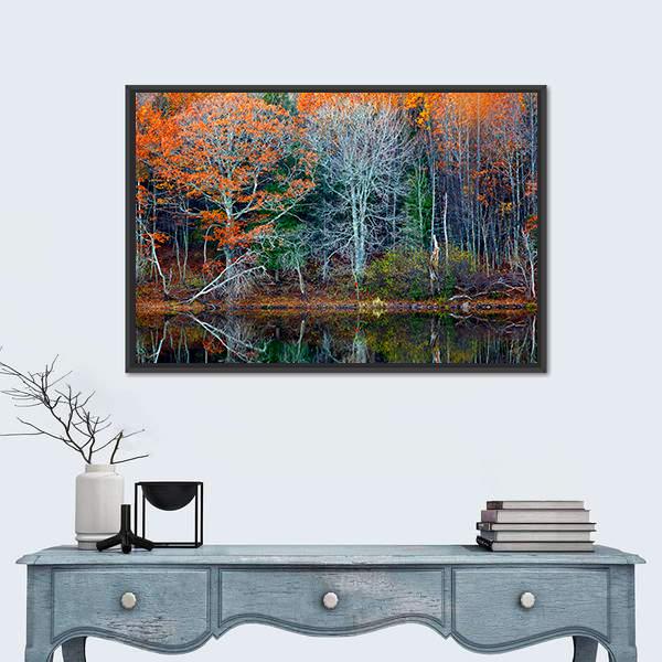 Reflections Of Trees In Water Canvas Wall Art-1 Piece-Floating Frame-24" x 16"-Tiaracle
