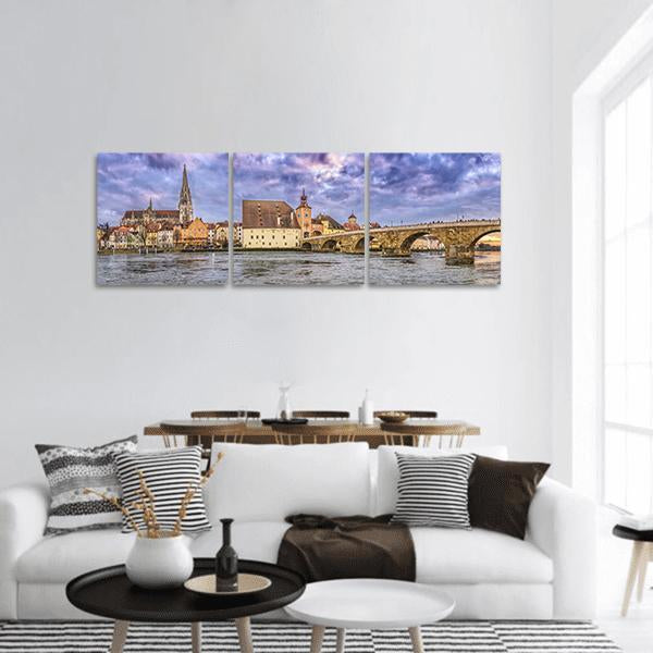 Regensburg Cathedral And Stone Bridge Panoramic Canvas Wall Art-3 Piece-25" x 08"-Tiaracle