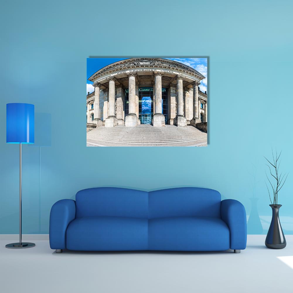 Reichstag Building Berlin Canvas Wall Art in gray, beige and blue, single panel hung on a wall