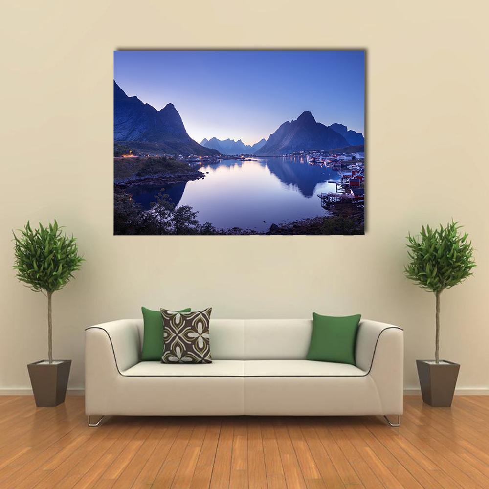 Reine Village Norway at Dusk Canvas Wall Art in blue, navy and purple, single panel hung on a wall