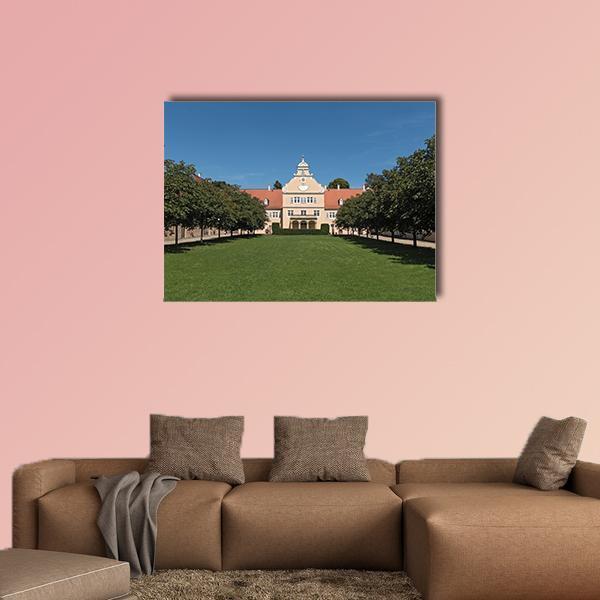 Kranichstein Renaissance Hunting Castle Canvas Wall Art in beige, green and blue, single panel hung on a wall