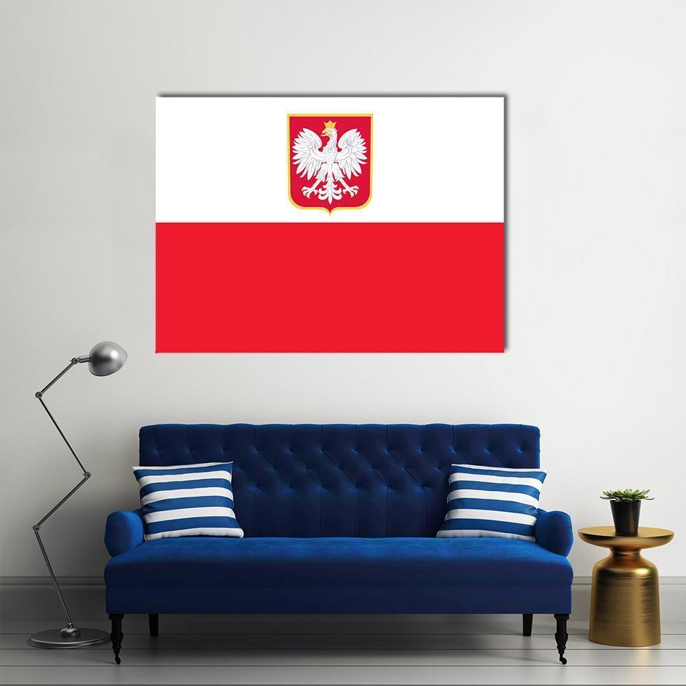 Poland Flag with White Eagle Emblem Canvas Wall Art in white and red, single panel hung on a wall