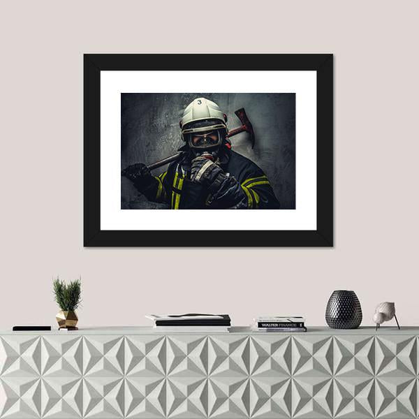 Rescue Firefighter In Safe Helmet Canvas Wall Art-1 Piece-Framed Print-20" x 16"-Tiaracle