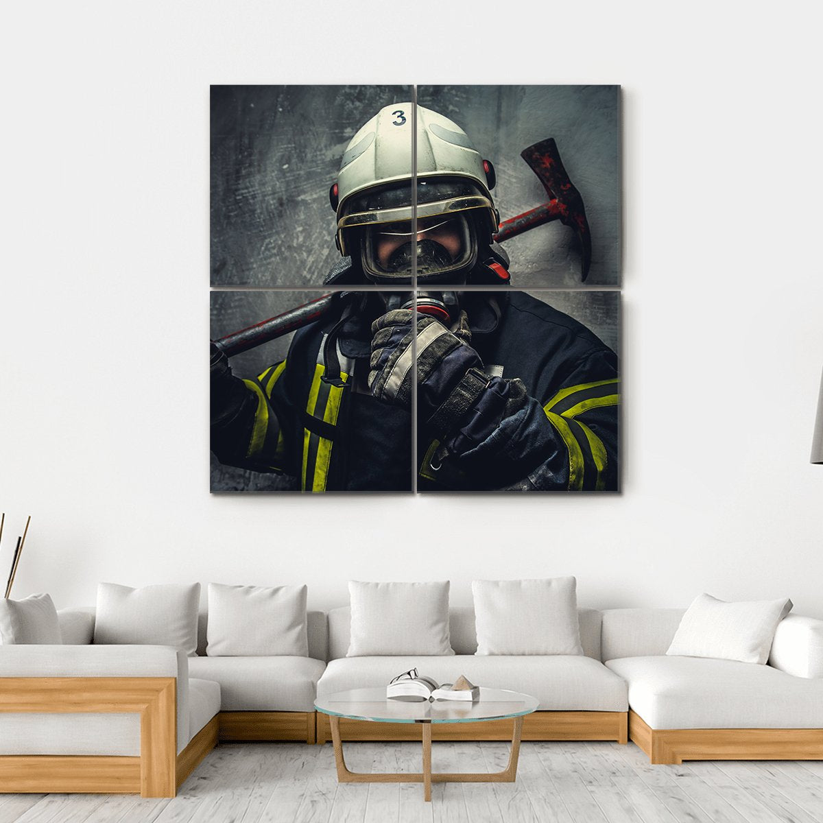 Rescue Firefighter In Safe Helmet Canvas Wall Art-4 Square-Gallery Wrap-17" x 17"-Tiaracle