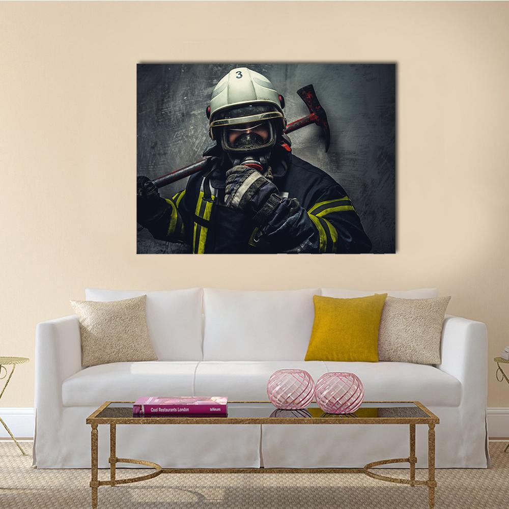Rescue Firefighter with Number 3 Helmet Canvas Wall Art in black, gray and yellow, single panel hung on a wall