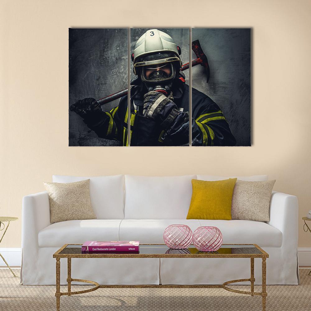 Rescue Firefighter In Safe Helmet Canvas Wall Art-3 Horizontal-Gallery Wrap-37" x 24"-Tiaracle