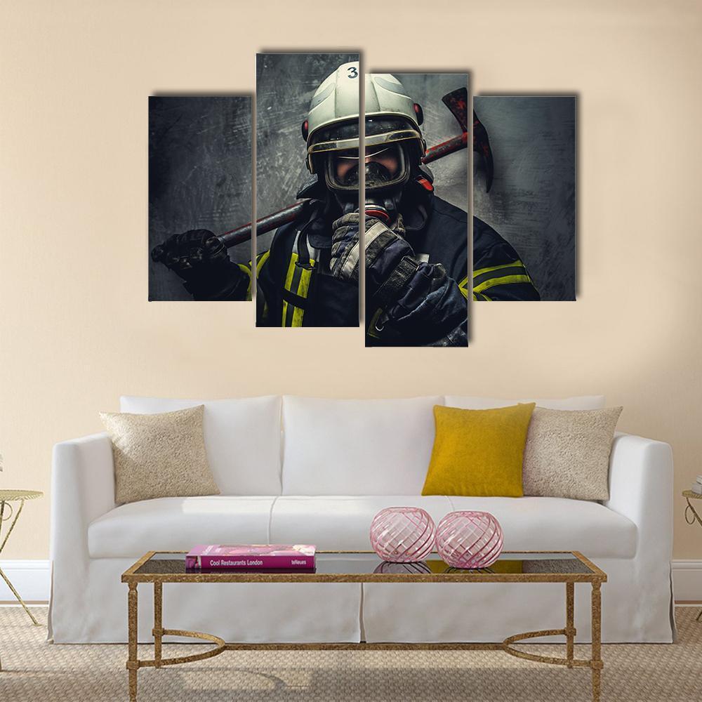 Rescue Firefighter In Safe Helmet Canvas Wall Art-4 Pop-Gallery Wrap-50" x 32"-Tiaracle