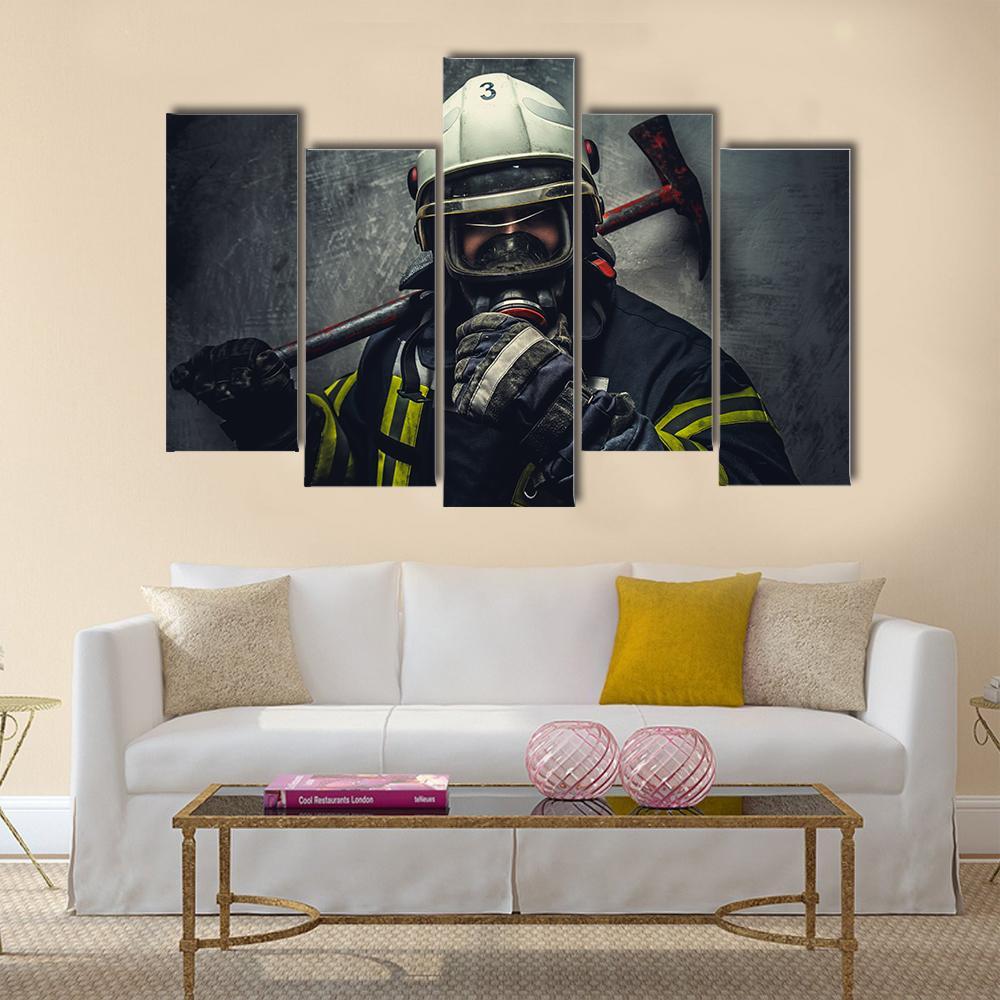 Rescue Firefighter In Safe Helmet Canvas Wall Art-5 Pop-Gallery Wrap-47" x 32"-Tiaracle