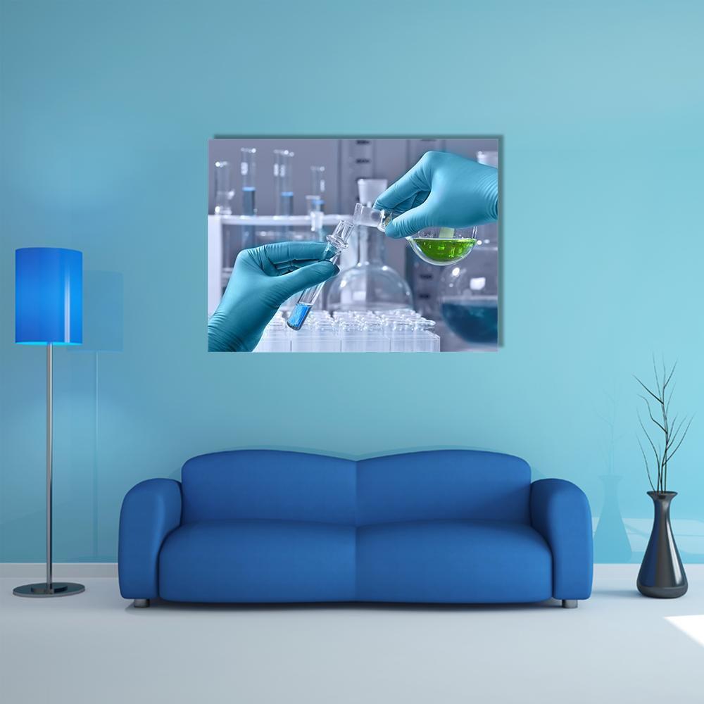 Research Lab Close-up with Test Tubes Canvas Wall Art in gray and blue, single panel hung on a wall