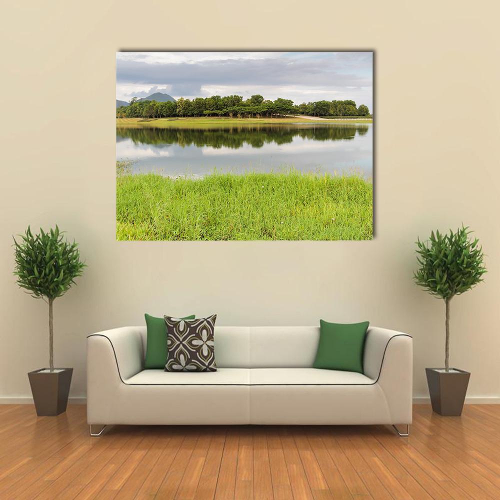 Reservoir With Green Grass Meadow Canvas Wall Art-1 Piece-Gallery Wrap-48" x 32"-Tiaracle