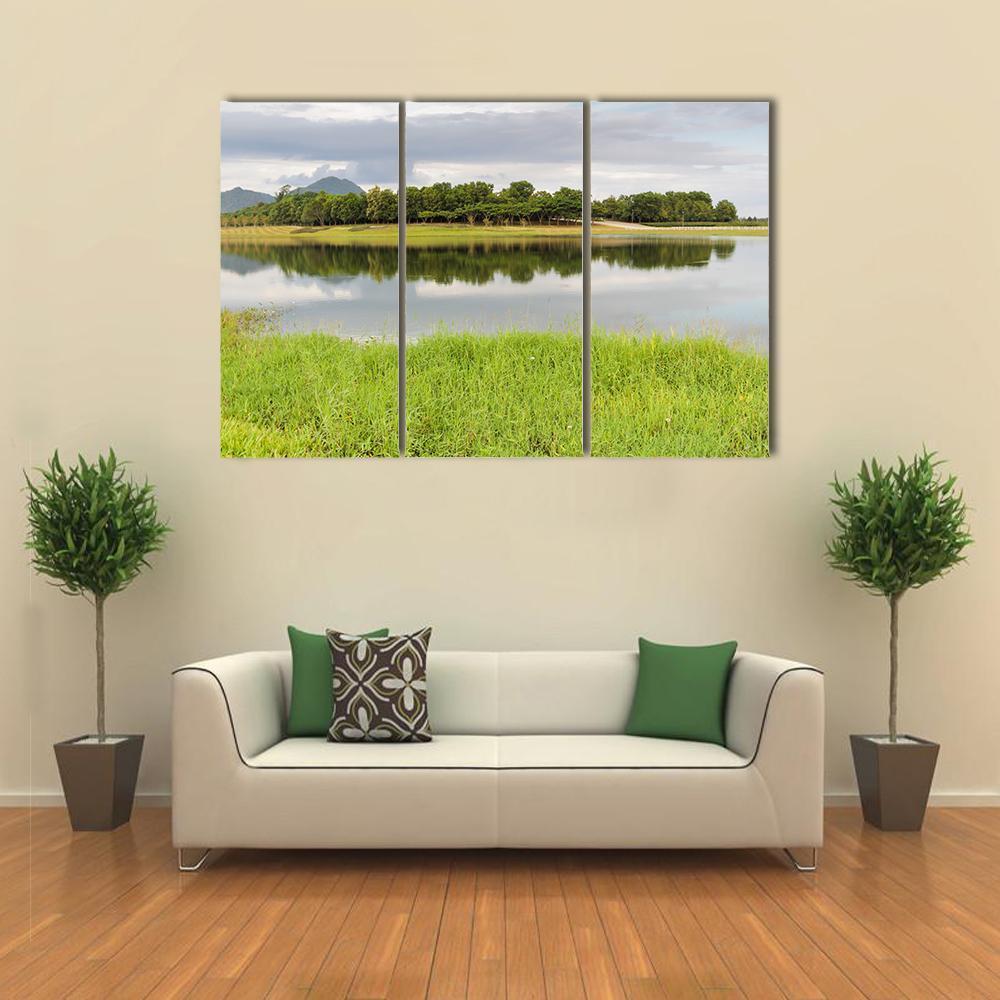 Reservoir With Green Grass Meadow Canvas Wall Art-3 Horizontal-Gallery Wrap-37" x 24"-Tiaracle
