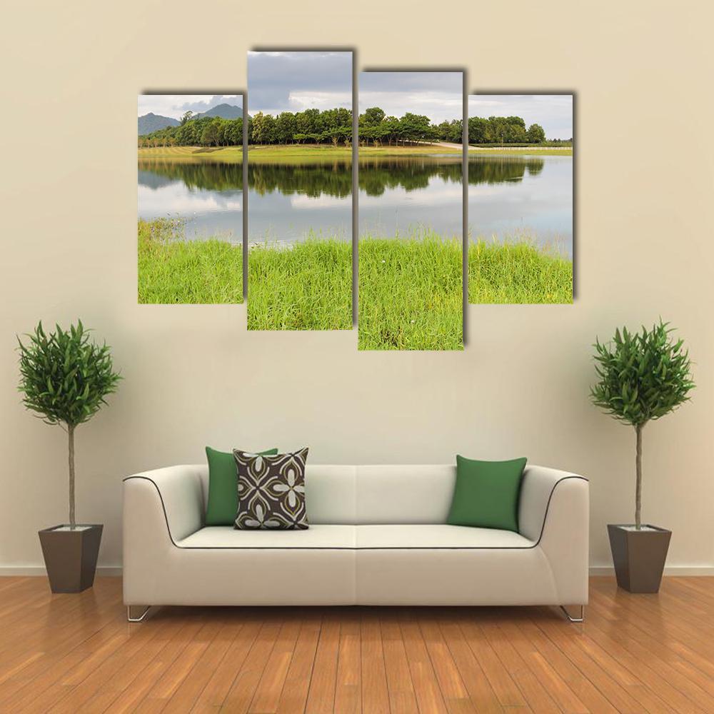 Reservoir With Green Grass Meadow Canvas Wall Art-4 Pop-Gallery Wrap-50" x 32"-Tiaracle
