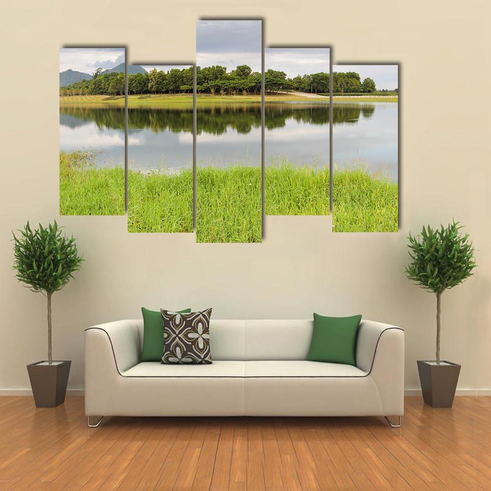 Reservoir With Green Grass Meadow Canvas Wall Art-5 Pop-Gallery Wrap-47" x 32"-Tiaracle