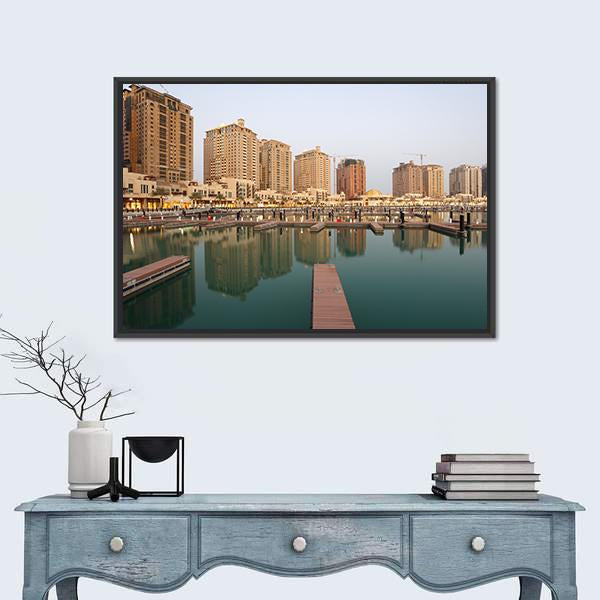 Residential Buildings And Empty Marina Canvas Wall Art-1 Piece-Floating Frame-24" x 16"-Tiaracle