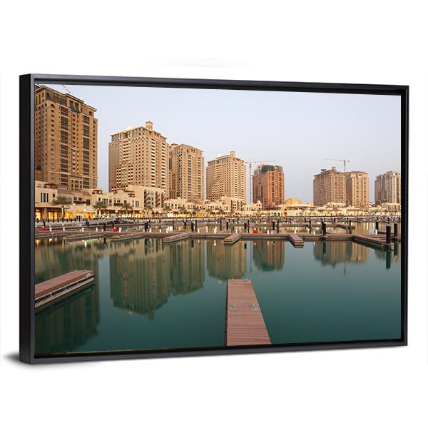 Residential Buildings And Empty Marina Canvas Wall Art-3 Horizontal-Gallery Wrap-25" x 16"-Tiaracle