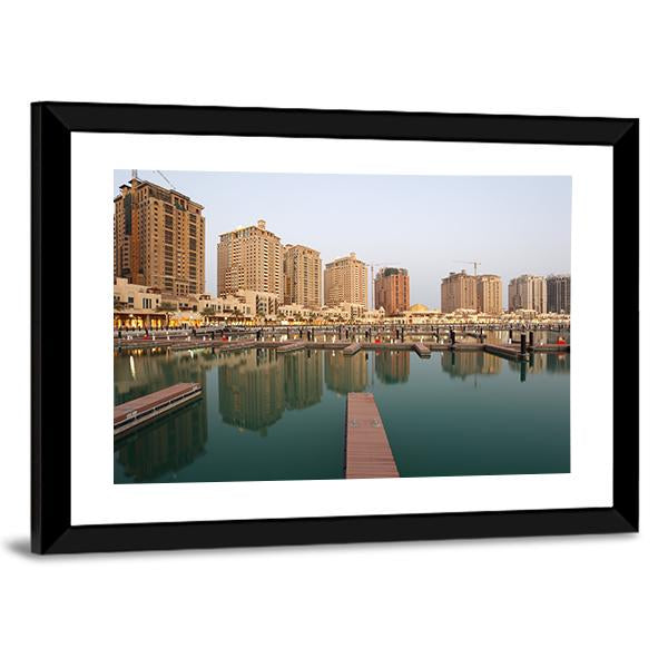 Residential Buildings And Empty Marina Canvas Wall Art-3 Horizontal-Gallery Wrap-25" x 16"-Tiaracle