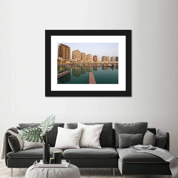 Residential Buildings And Empty Marina Canvas Wall Art-3 Horizontal-Gallery Wrap-25" x 16"-Tiaracle