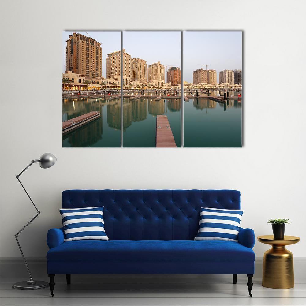 Residential Buildings And Empty Marina Canvas Wall Art-3 Horizontal-Gallery Wrap-37" x 24"-Tiaracle