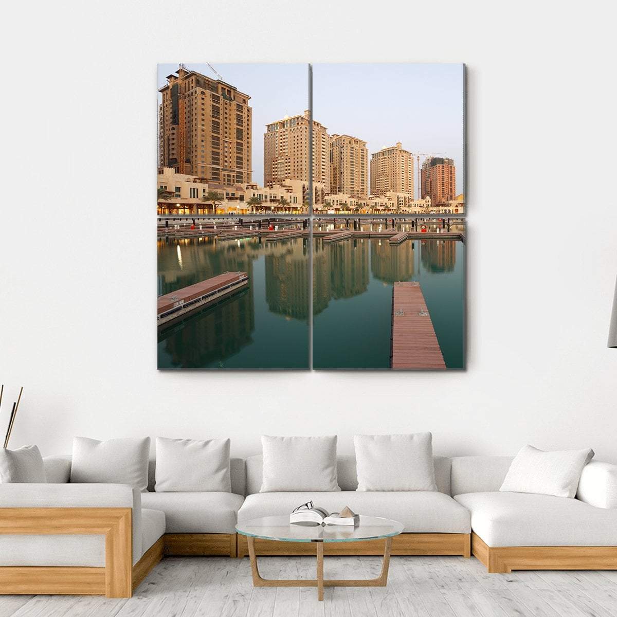 Residential Buildings And Empty Marina Canvas Wall Art-4 Square-Gallery Wrap-17" x 17"-Tiaracle