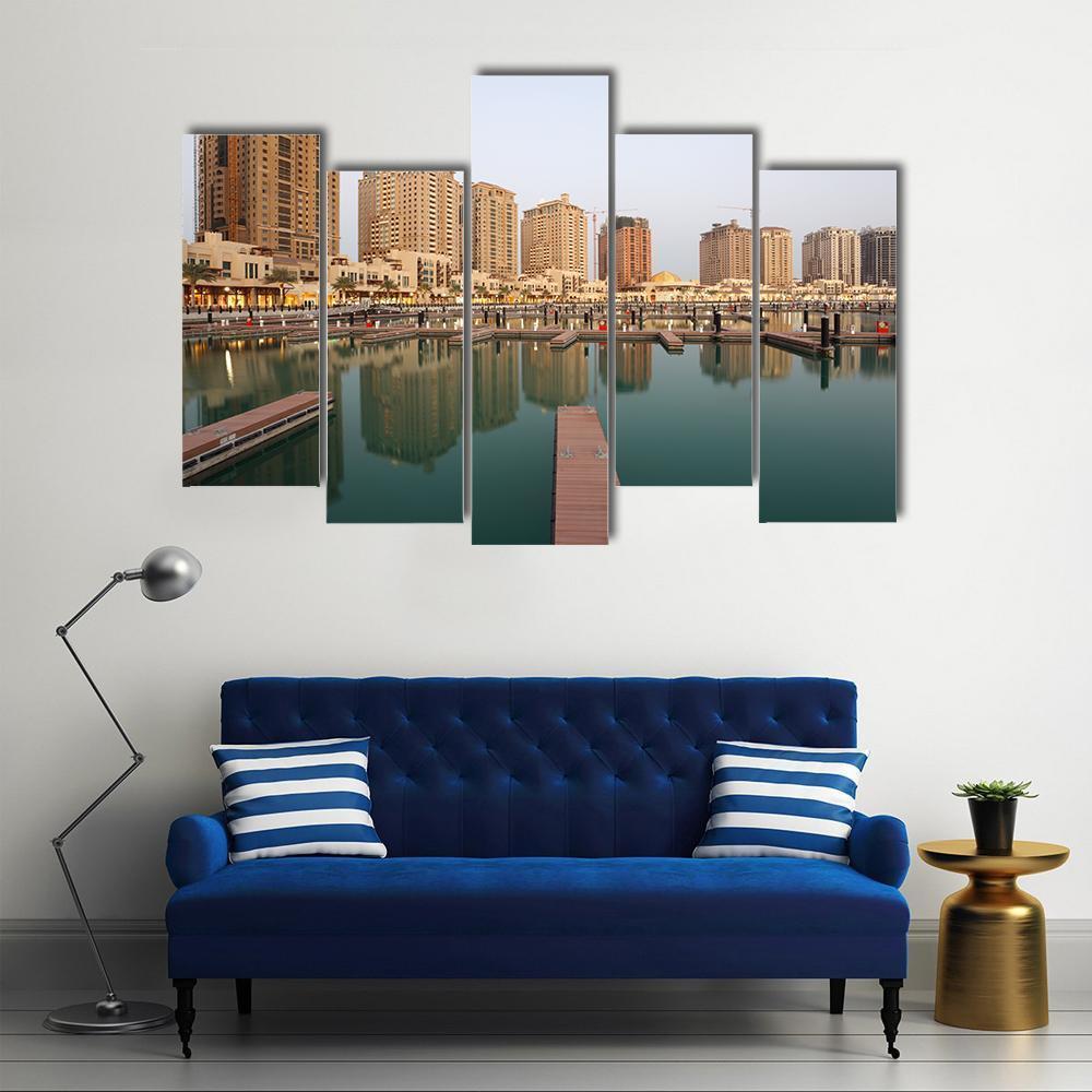 Residential Buildings And Empty Marina Canvas Wall Art-5 Pop-Gallery Wrap-47" x 32"-Tiaracle