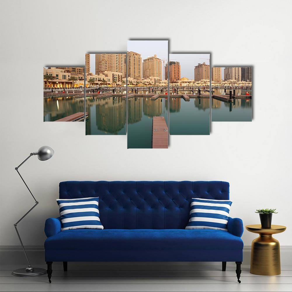 Residential Buildings And Empty Marina Canvas Wall Art-5 Star-Gallery Wrap-62" x 32"-Tiaracle