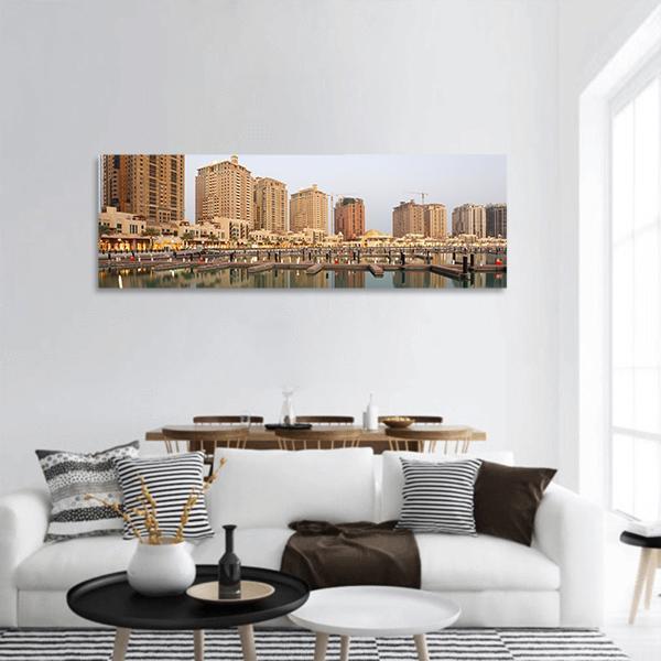 Residential Buildings And Marina In Doha Panoramic Canvas Wall Art-3 Piece-25" x 08"-Tiaracle