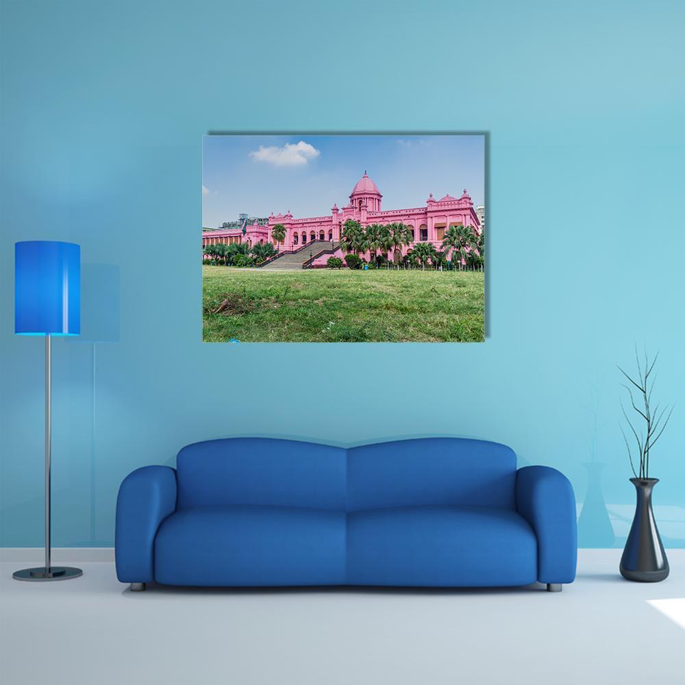 Nawab Palace of Dhaka Canvas Wall Art in green, blue and pink, single panel hung on a wall