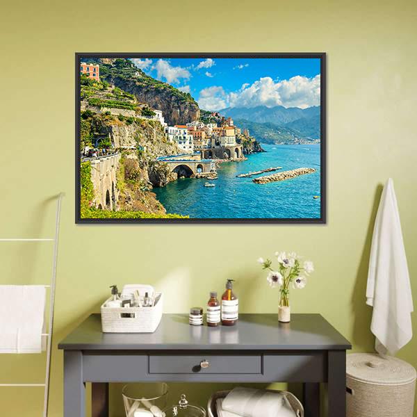 Resort Of Amalfi Italy Canvas Wall Art-1 Piece-Floating Frame-24" x 16"-Tiaracle
