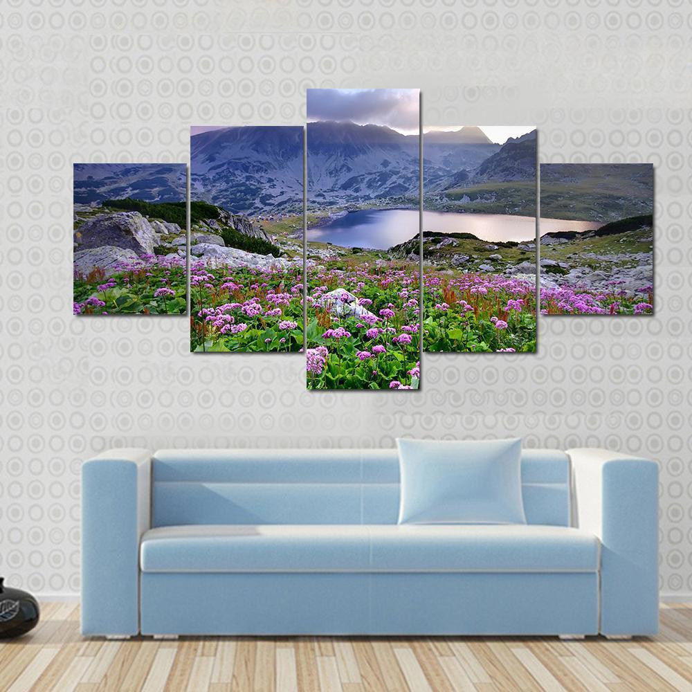 Retezat National Park With Lake On Mountain And Flowers Romania Canvas Wall Art-4 Pop-Gallery Wrap-50" x 32"-Tiaracle