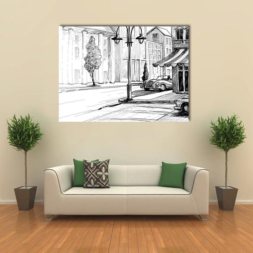Retro City Street Sketch Canvas Wall Art in black and white, single panel hung on a wall