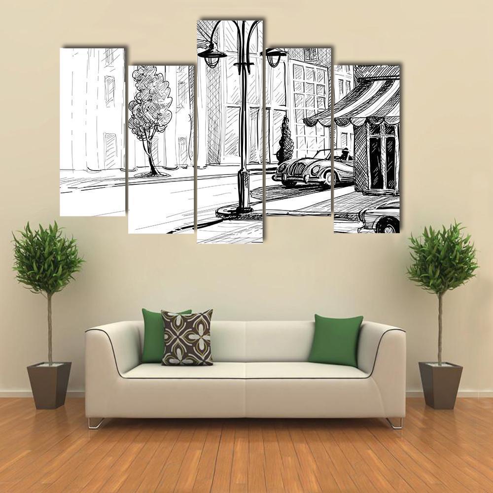 Retro City Sketch Canvas Wall Art-5 Pop-Gallery Wrap-47" x 32"-Tiaracle