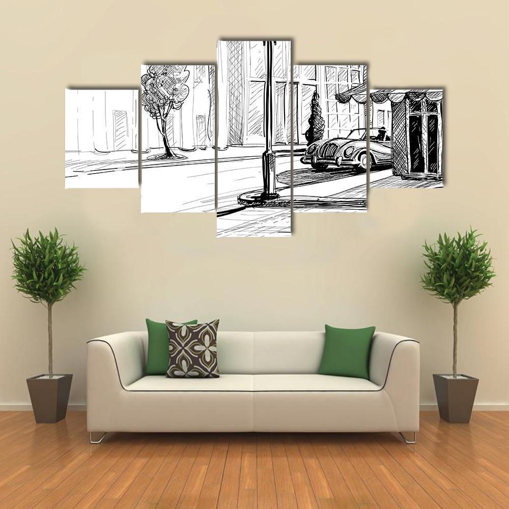 Retro City Sketch Canvas Wall Art-3 Horizontal-Gallery Wrap-37" x 24"-Tiaracle