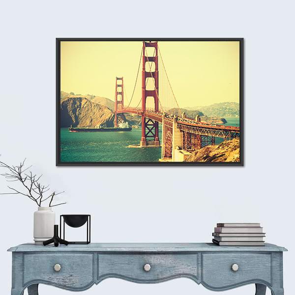 Retro Golden Gate Bridge Canvas Wall Art in orange, yellow and blue, framed canvas, product view on a white background