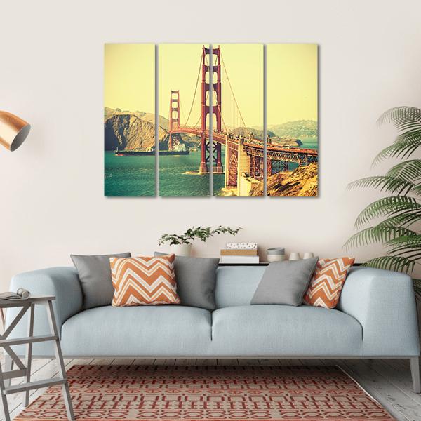 Retro Style Golden Gate Bridge Canvas Wall Art-4 Horizontal-Gallery Wrap-34" x 24"-Tiaracle