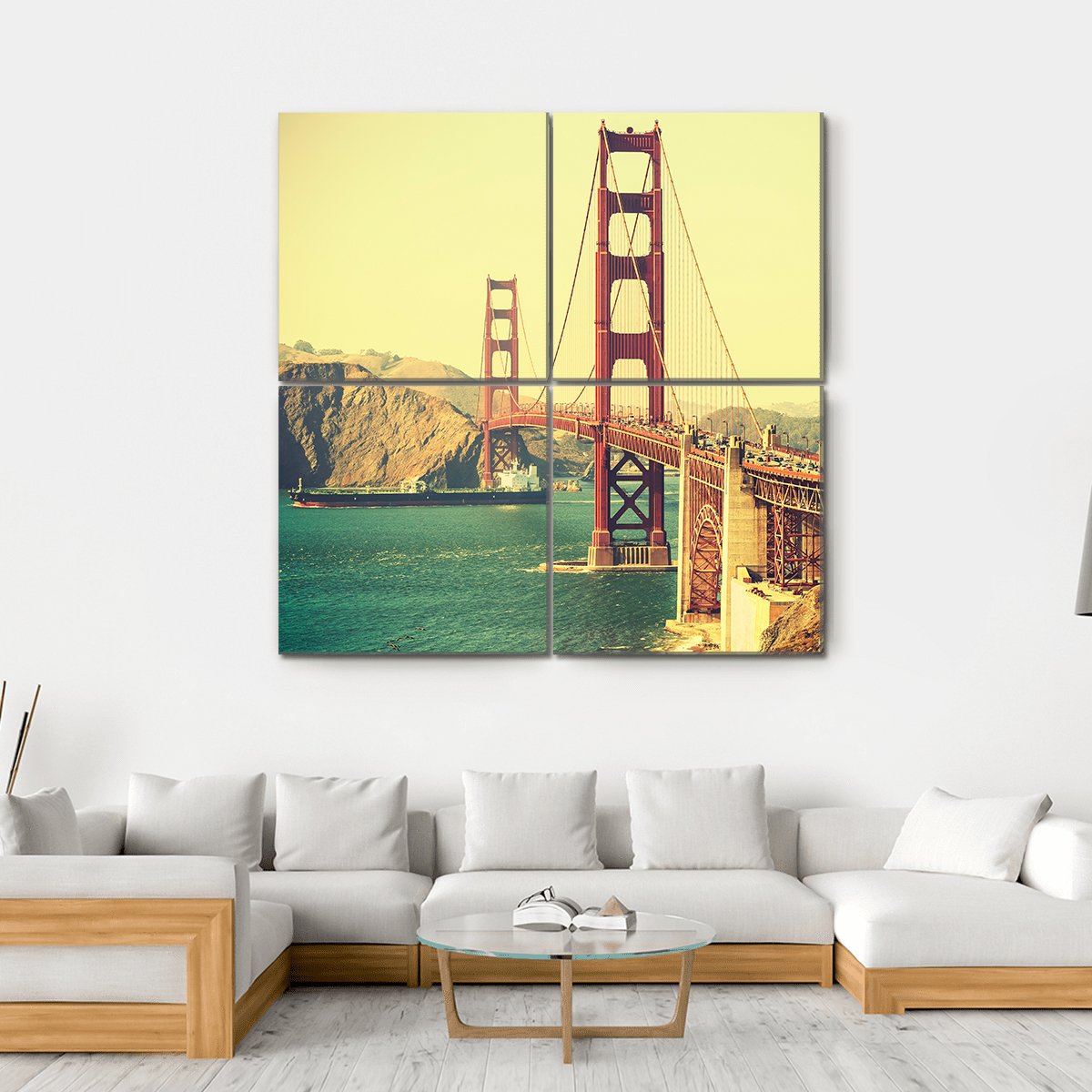 Retro Style Golden Gate Bridge Canvas Wall Art-4 Square-Gallery Wrap-17" x 17"-Tiaracle