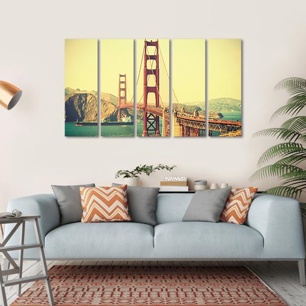 Retro Style Golden Gate Bridge Canvas Wall Art-5 Horizontal-Gallery Wrap-22" x 12"-Tiaracle