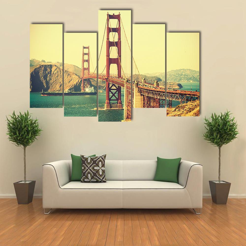 Retro Style Golden Gate Bridge Canvas Wall Art-5 Pop-Gallery Wrap-47" x 32"-Tiaracle