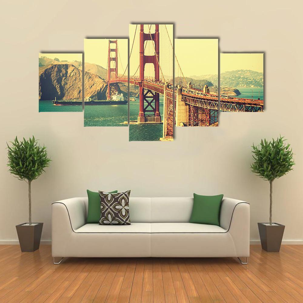 Retro Style Golden Gate Bridge Canvas Wall Art-5 Pop-Gallery Wrap-47" x 32"-Tiaracle