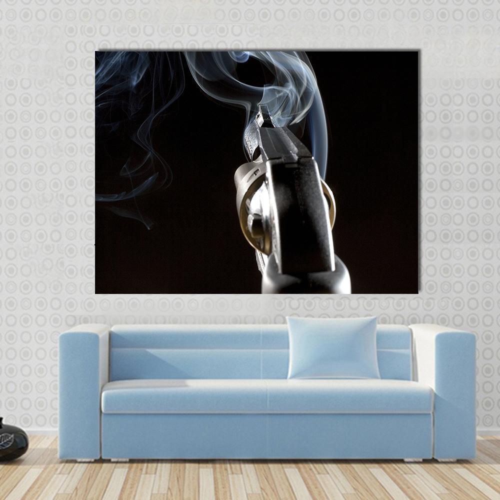 Revolver in Night Canvas Wall Art in black, gray and silver, single panel hung on a wall