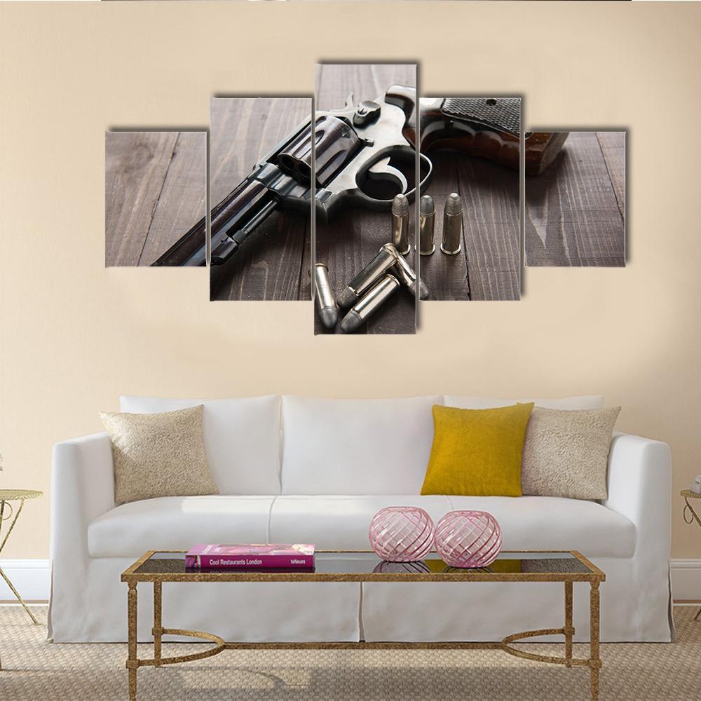 Revolver With Bullets Canvas Wall Art-5 Star-Gallery Wrap-62" x 32"-Tiaracle