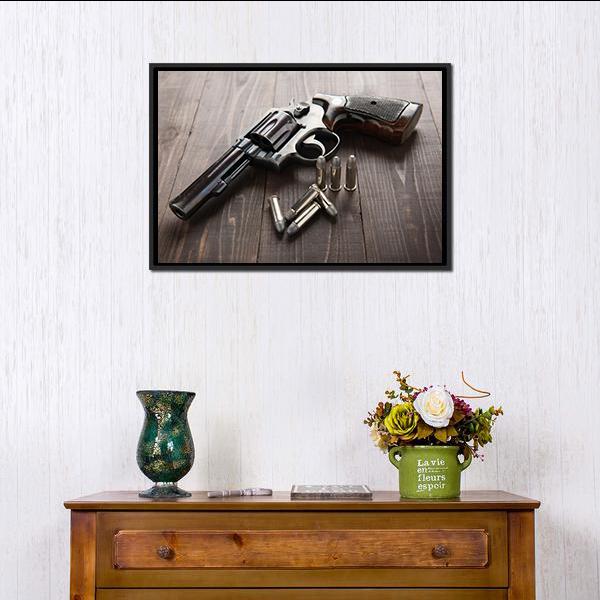 Revolver With Bullets Canvas Wall Art-3 Horizontal-Gallery Wrap-25" x 16"-Tiaracle