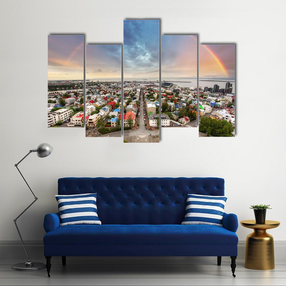 Reykjavik Cityspace In Iceland Canvas Wall Art-5 Pop-Gallery Wrap-47" x 32"-Tiaracle