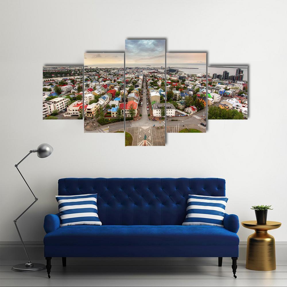 Reykjavik Cityspace In Iceland Canvas Wall Art-5 Star-Gallery Wrap-62" x 32"-Tiaracle