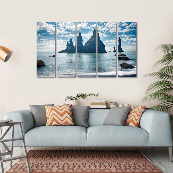 Reynisdrangar Rock Formations in Iceland Canvas Wall Art-5 Horizontal-Gallery Wrap-22" x 12"-Tiaracle
