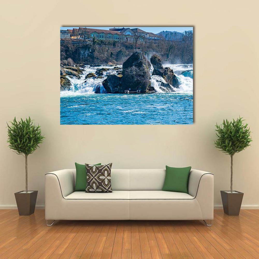 Rhine Falls Canvas Wall Art in white, brown and blue, single panel hung on a wall